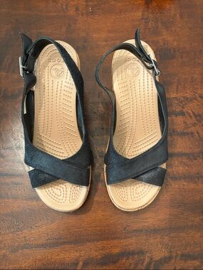 CROCS Black Crisscross Slingback Wedge Sandals with Tan Footbed